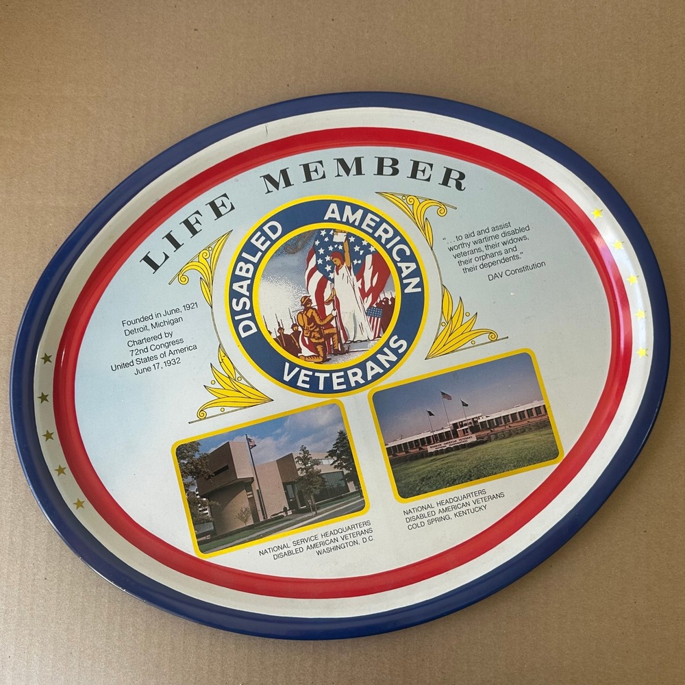 Vintage Disabled American Veterans Life Member Metal Tray Military Memorabilia